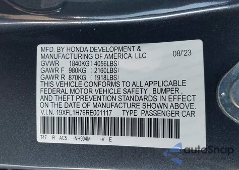 2024 Honda Civic Ex-L from USA, damaged, VIN 19XFL1H76RE001117